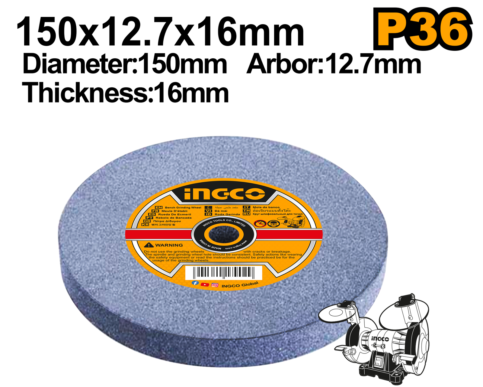 AGW1506023-96.png AGW1506023 (Bench grinding wheel P36 150x12.7x16mm) - Image 1