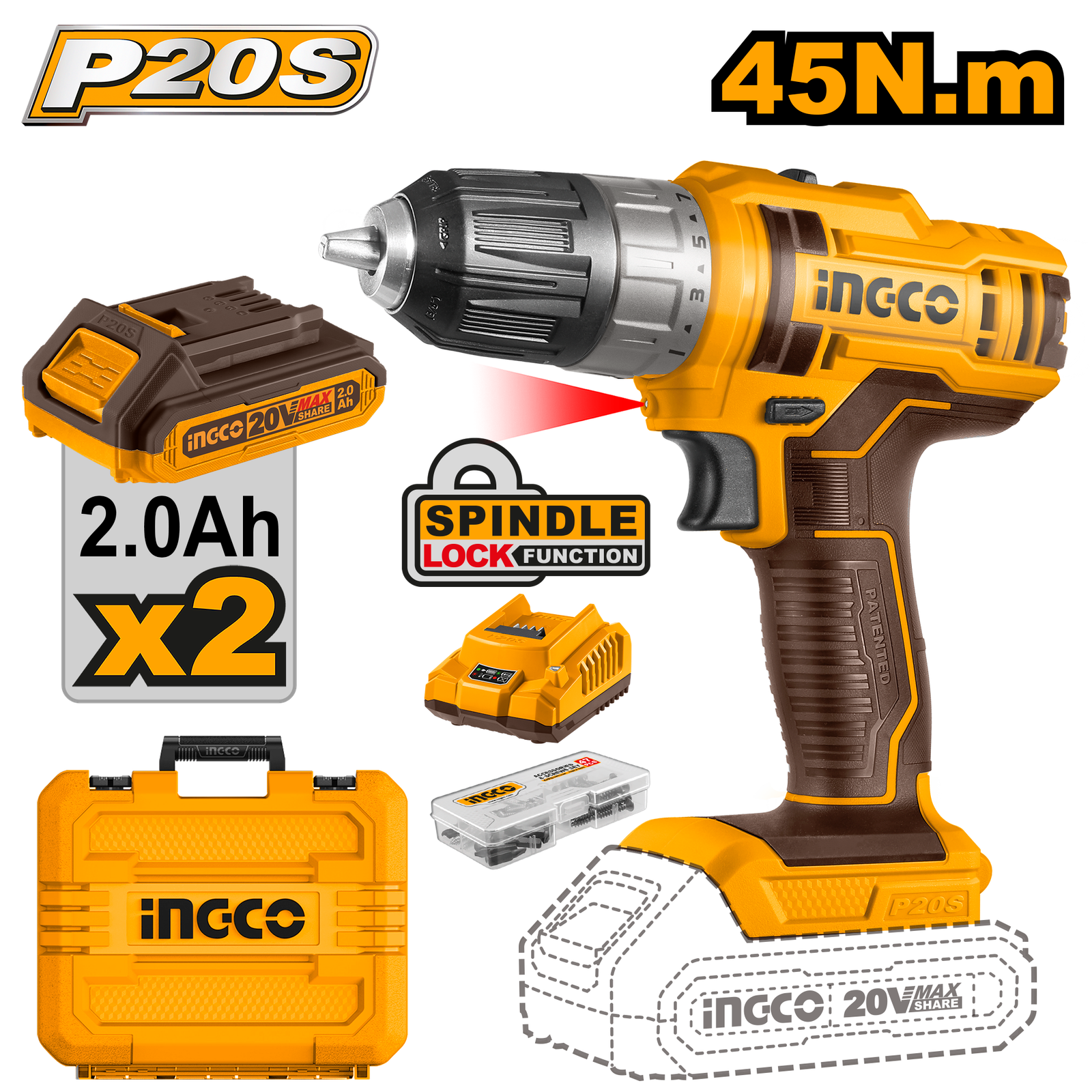 CDLI200528-2.png CDLI200528 (Lithium-Ion cordless drill 20V 45Nm + 2 Battery - C5) - Image 1