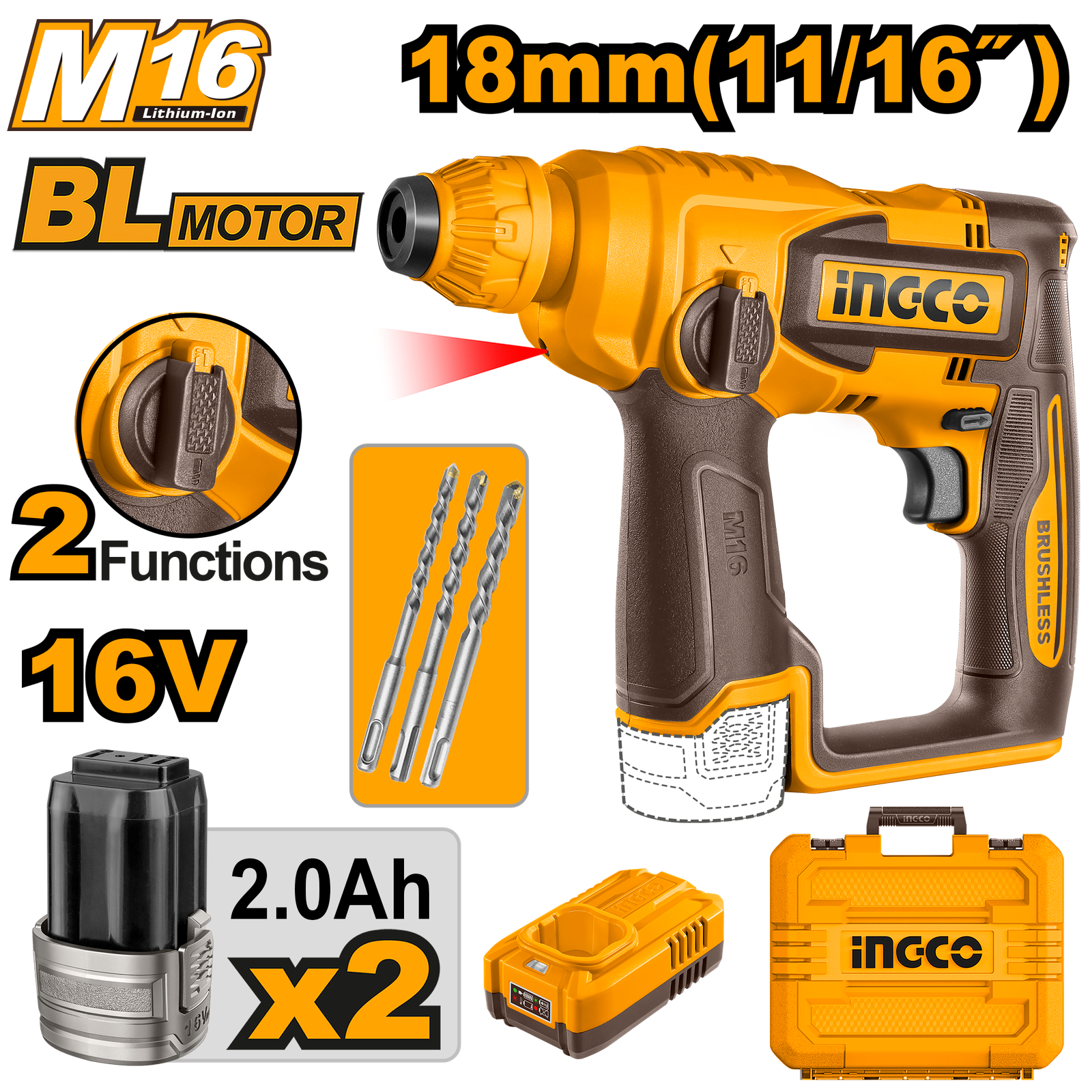 CRHLI16168-1.png CRHLI16168 (Cordless rotary hammer 16V 18mm + 2 Battery - P1C4) - Image 1