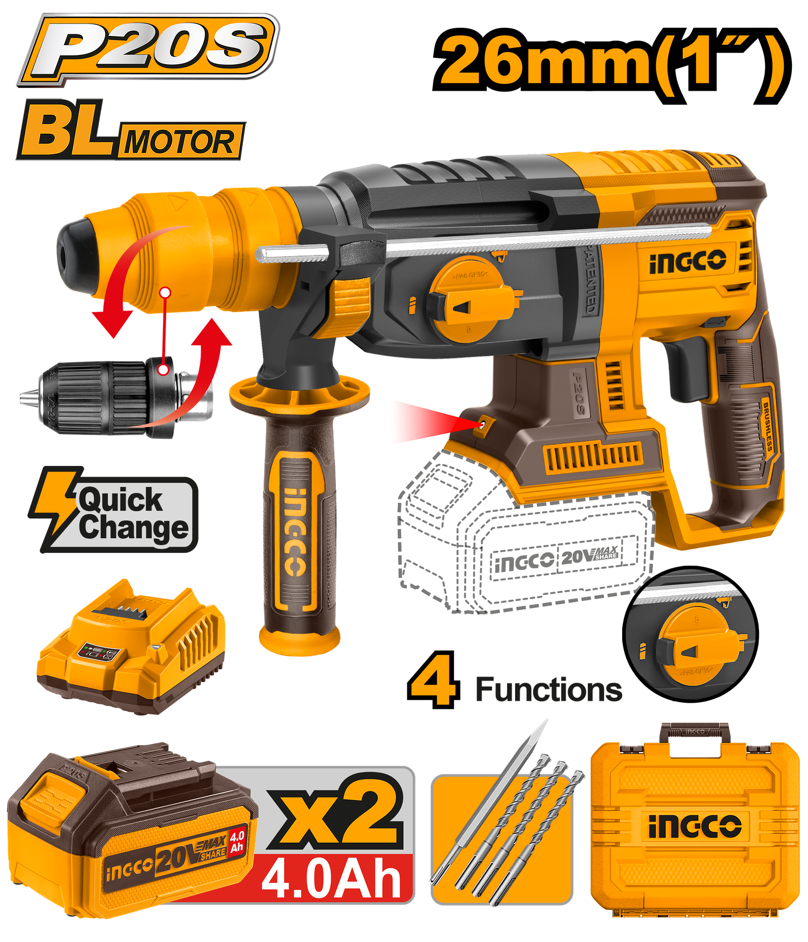 CRHLI202289.png CRHLI202289 (Lithium-Ion rotary hammer set 20V 26mm + 2 Battery - C4) - Image 1