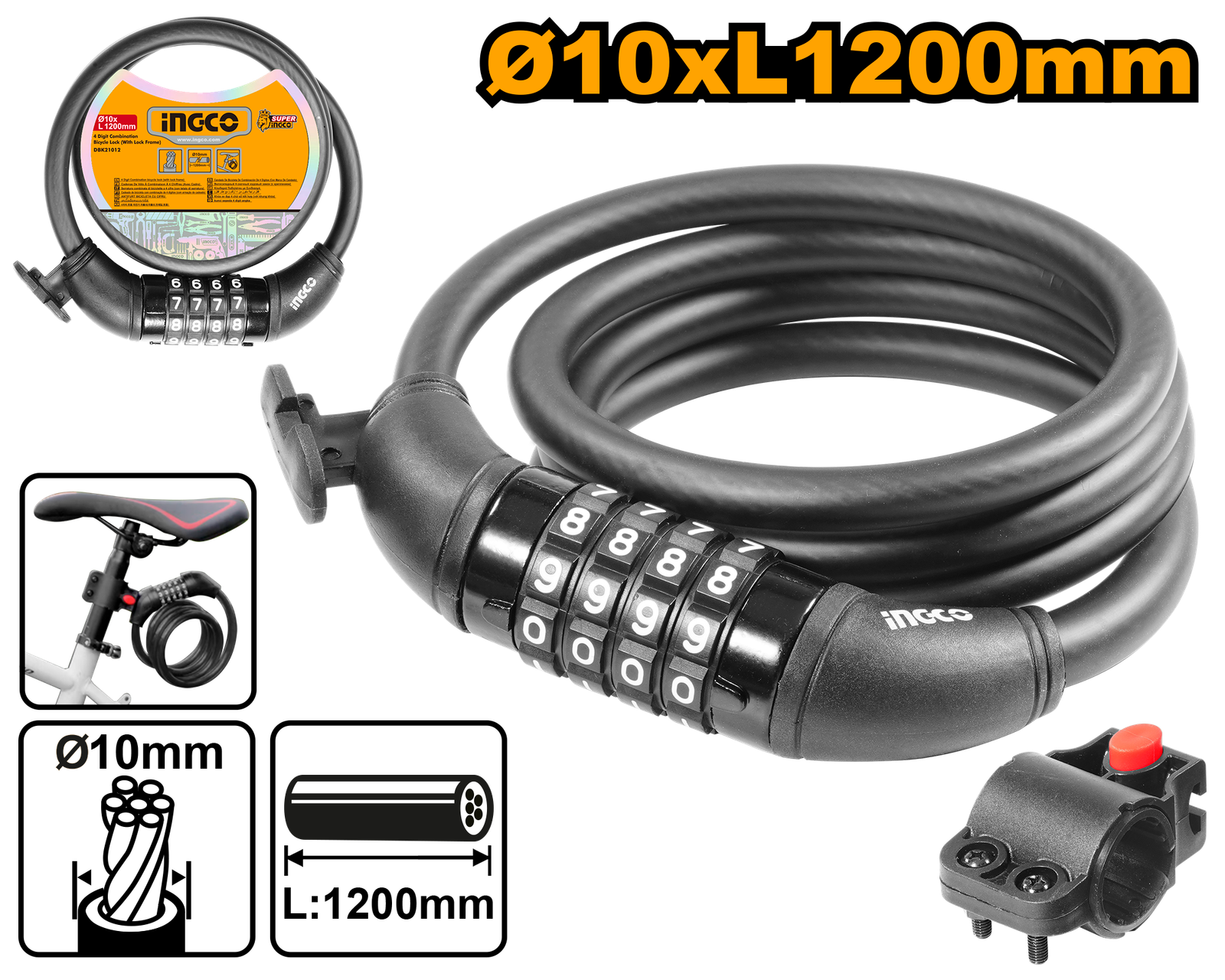 DBK21012.png DBK21012 (4 Digit Combination bicycle lock - P12C36) - Image 1