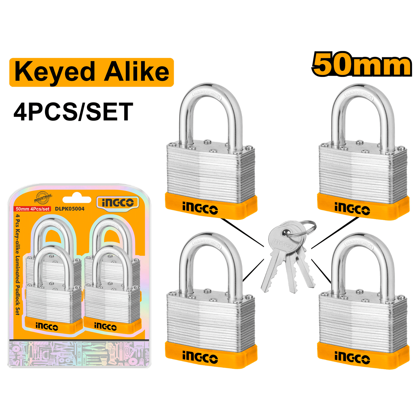 DLPK05004-2.png DLPK05004 (4Pcs key-alike laminated padlock set 50mm - P6C18) - Image 1